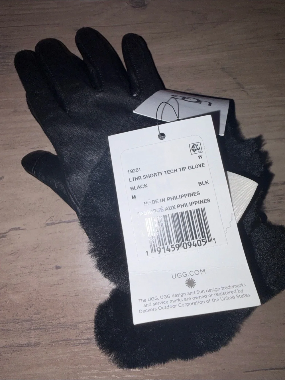 🆕💜UGG NWT Black Genuine Leather Gloves Real Fur Trim Wool Cashmere Lining Size M